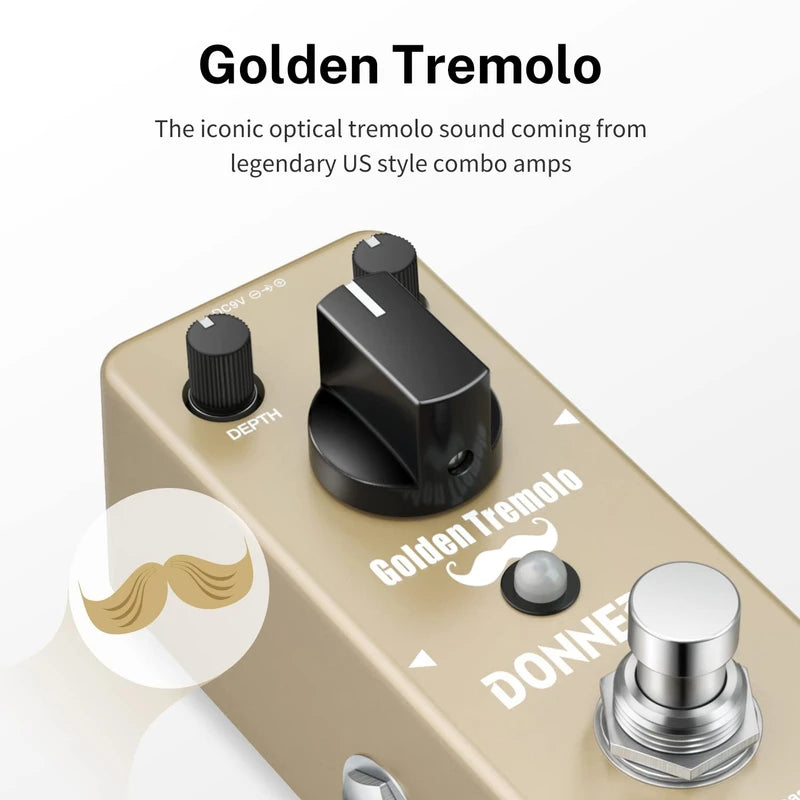 Donner Tremolo Pedal, Golden Tremolo Guitar Pedal Analog Tremolo Effect Pedal for Electric Guitar and Bass True Bypass