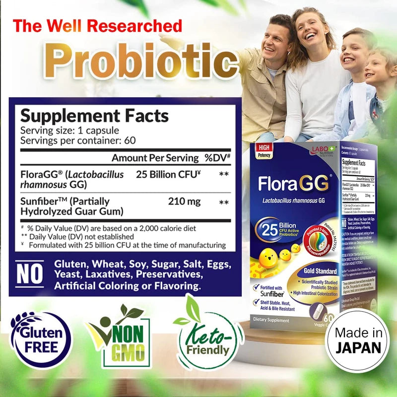 LABO Nutrition FloraGG, Lactobacillus Rhamnosus GG 25 Billion CFU Active Probiotics & Sunfiber Prebiotic Fiber Supplement, Support Healthy Intestinal, Immune Health Delayed Release & Gluten Free 60sx2