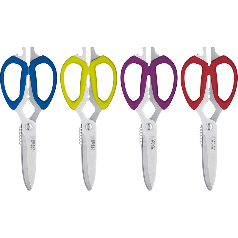 Colourworks 10 in 1 Multifunction Kitchen Scissors with Built-In Edgekeeper Scissor Sharpeners, Bottle Openers, Zester and More, Stainless Steel, Plum, 23 cm