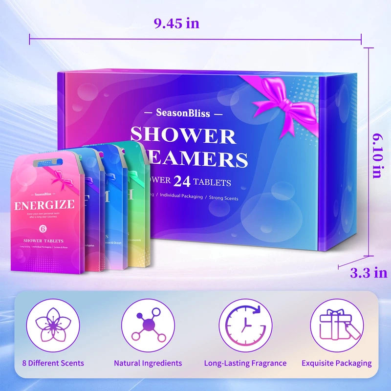 SeasonBliss Shower Steamers 24 Pack, Shower Tablets, Shower Steamers with Natural Ingredients, 8 Different Scents, Individually Wrapped Shower Steamers, Presents for Mom, Friends