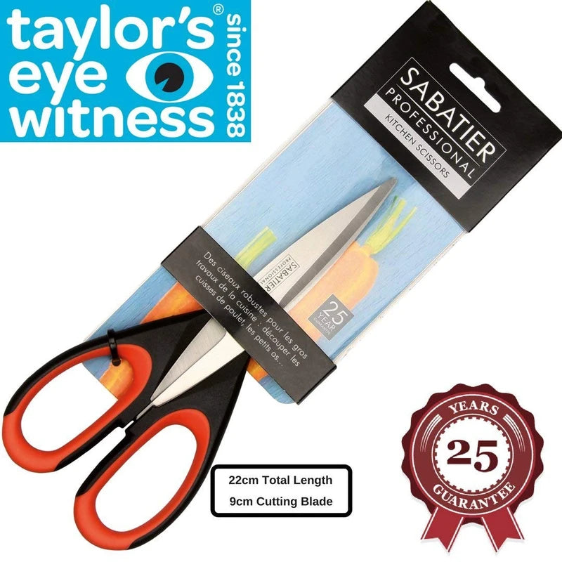 Heavy Duty All Purpose Scissor - Sabatier Professional 22cm/8.5”. Soft Grip, Dishwasher Safe, Multifunctional Utility General Use Strong Straight Edge Snips/Shears. Taylors Eye Witness