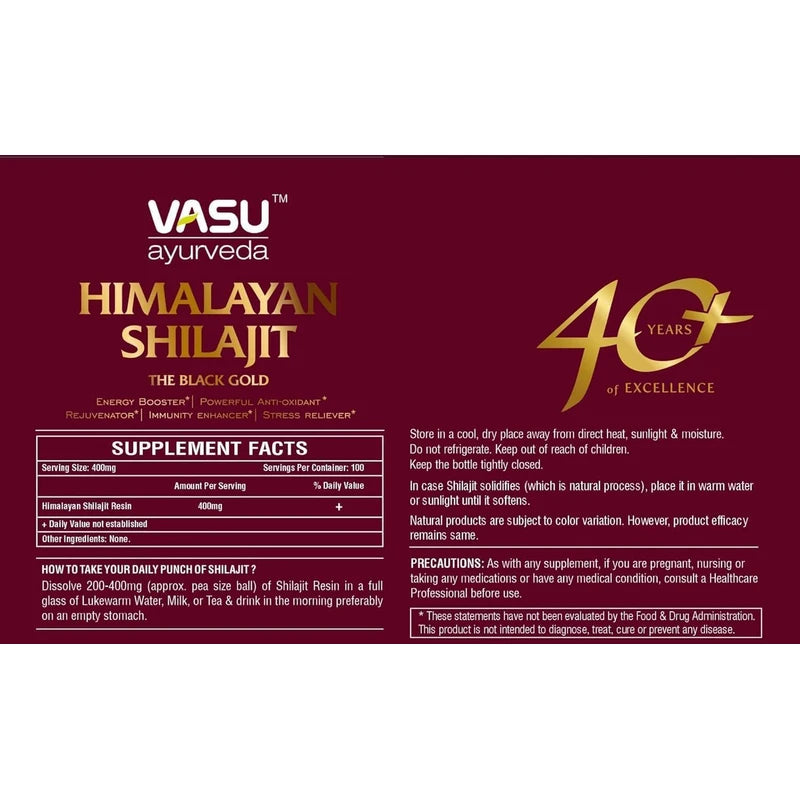 Vasu ayurveda Highest Potency 100% Natural Himalayan Shilajit Resin Pure Form of Fulvic Acid & 85+ Trace Minerals - The Black Gold - 50 Day Supply 1 Pack - Energy Booster