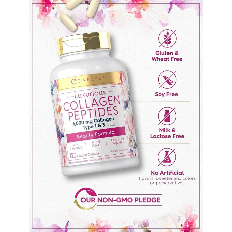 Carlyle Collagen with Vitamin C | 6000Mg | 120 Caplets | Multi Collagen Peptide
