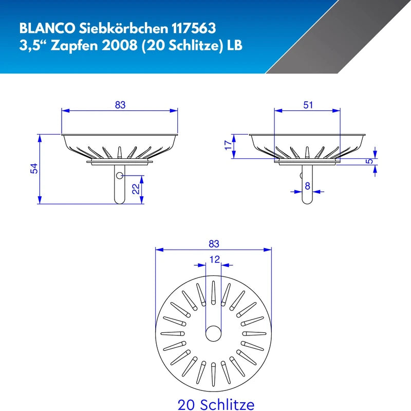 Blanco Strainer Basket 3.5 Inch with Pins 20 Slits Black