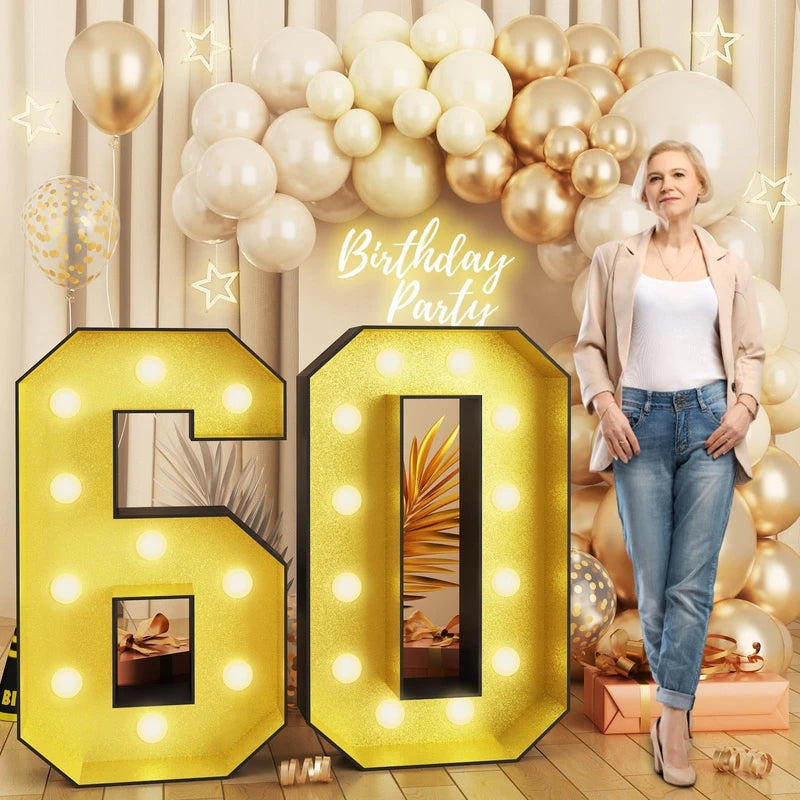 4FT Marquee 60 Numbers, Light Up 60 Glitter Gold Giant Marquee Mosaic Numbers Frame Light Up Numbers for 60th Birthday Party Decorations Mosaic Number 4,DIY Frame Pre-Cut Foam Board Kit