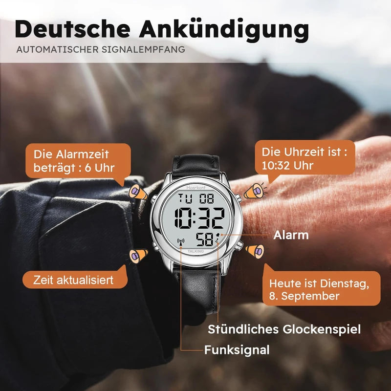 Hearkent Talking Clock Visually Impaired Radio-Controlled Clock German Voice LCD Large Number Easy to Read Senior Watch for Seniors Blind Clock, black, Strap.