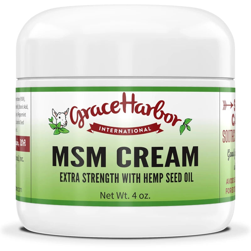 Grace Harbor MSM Cream Extra Strength - Nourishing Skin, Muscle, and Joint Therapy – Goat Milk, Essential Oils, Vitamin E – Non-Greasy Whole Body Rub – Made with Prayer in USA - 4 Ounce