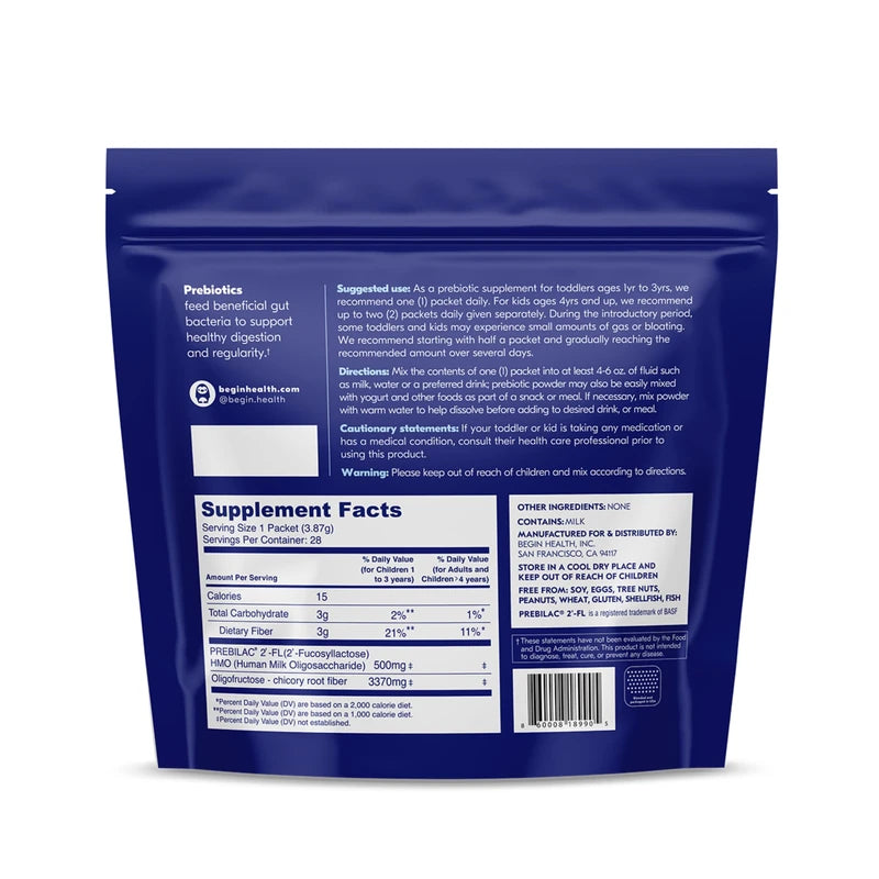 Begin Health Daily Growing Up Prebiotics 28-Pack - Kids Digestion Powder, for Constipation Prone Kiddos | Softens Stool for Easy Pooping | Fiber Rich w/Chicory Root, Tasteless & Textureless