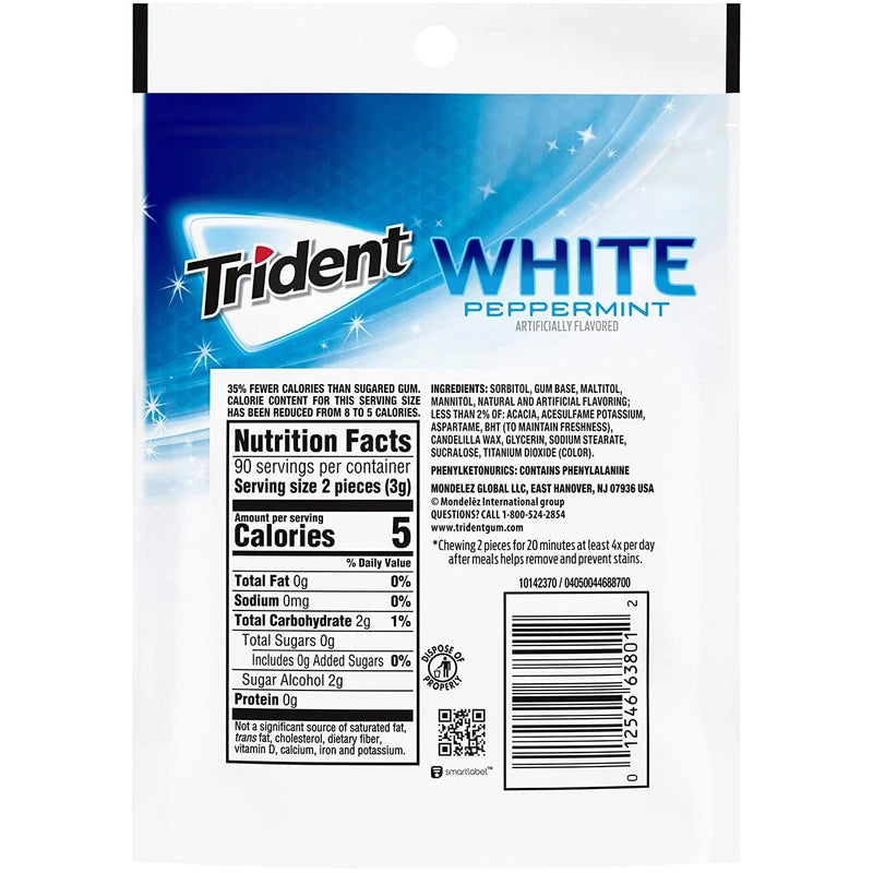 Trident White Peppermint Sugar Free Gum, Value Pack, 180 Pieces