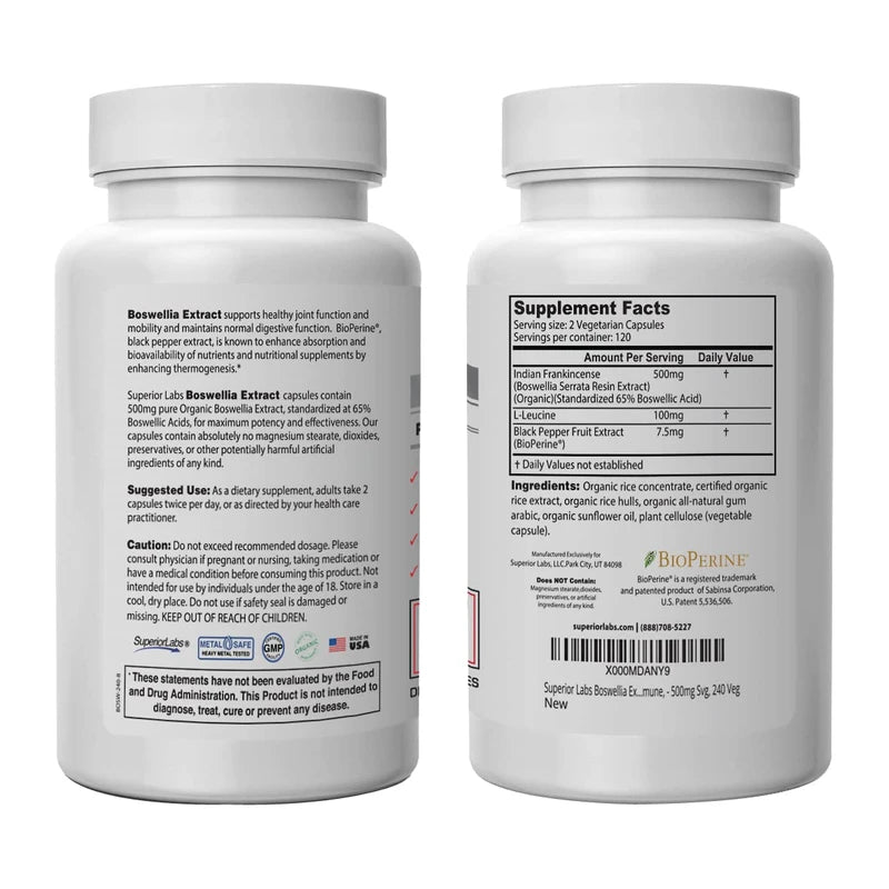 Superior Labs Superior Labs Boswellia Extract - Pure Non GMO Boswellic 65% Acids. Superior Absorption Zero Synthetic Additives - Powerful Formula Joint, Knees, HIPS, Immune, 500mg SVG, 240 Veg Capsules