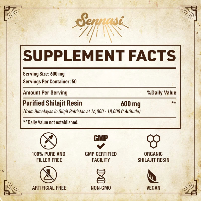 Sennasi Shilajit Pure Himalayan Organic Shilajit Resin - 600mg Maximum Potency Natural Organic Shilajit Resin with 85+ Trace Minerals & Fulvic Acid for Energy, Immune Support, 30 Grams (1 Pack)