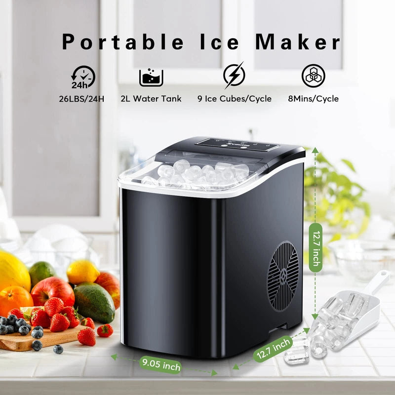 Zvoutte Ice Maker Countertop, Portable Ice Machine with Self-Cleaning, 26.5lbs/24Hrs, 9 Bullet Ice Cubes in 7 Mins, Ice Basket and Scoop, Ideal for Home, Kitchen, Bar, Camping