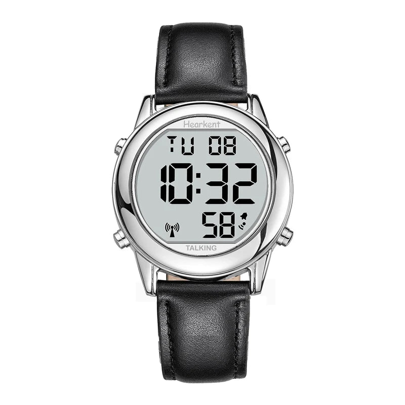 Hearkent Talking Clock Visually Impaired Radio-Controlled Clock German Voice LCD Large Number Easy to Read Senior Watch for Seniors Blind Clock, black, Strap.
