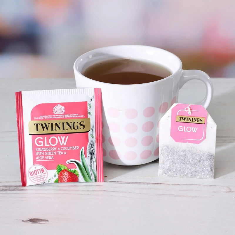 Twinings Superblends Glow Tea - Strawberry & Cucumber Green Tea with Aloe Vera & Biotin for Skincare & Hair Care, 80 x Biodegradable Tea Bags