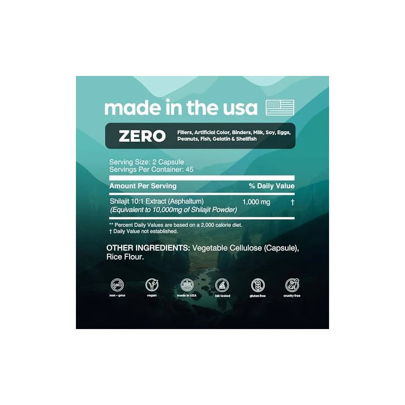 Thinbi Pure Himalayan Shilajit 10000mg Maximum Potency Organic Capsules 90 Count with Fulvic Acid & Trace Minerals for Enhanced Energy and Immune Support Men & Women Better Than Shilajit Resin