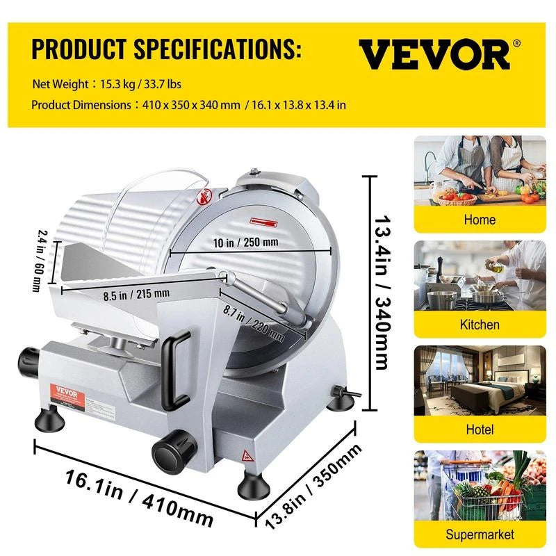 VEVOR Commercial Meat Slicer, 240W Electric Deli Food Slicer, 10" Carbon Steel Blade Electric Food Slicer, 350-400RPM Meat Slicer, 0 - 0.47 inch Thickness Adjustable for Commercial and Home Use - Blade Diameter: 7.5 inch - 180W