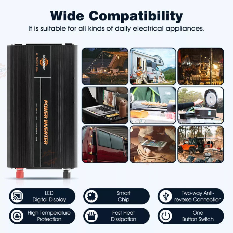 Gearzaar Power Inverter 2000W 4000W 12V DC to 110V 120V AC LCD Car Boat RV USA P