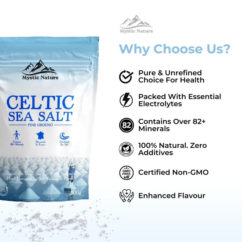 Mystic Nature Celtic Sea Salt - 500g | Fine Ground | Organic 100% Natural Unrefined Mineral Rich Celtic Salt Crystals From France | Rich In Magnesium Calcium Iron Potassium