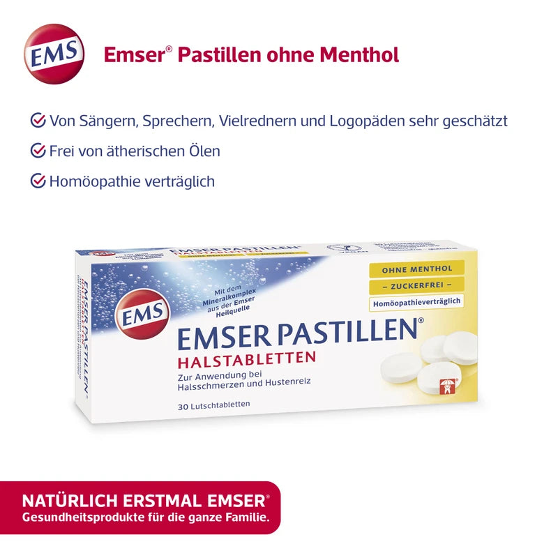 Emser Pastillen Halstabletten ohne Menthol, zuckerfrei – Bei Halsschmerzen, Husten und starker Stimmbelastung – 30 Stück
