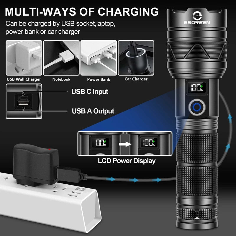 Esgreen Rechargeable Flashlights 1000000 High Lumens, Long Range 5000ft, Super Bright LED Flashlight USB C, High Powerd Multi-functional Heavy Duty Strong Flash Light High Beam, For Emergency Security Camping