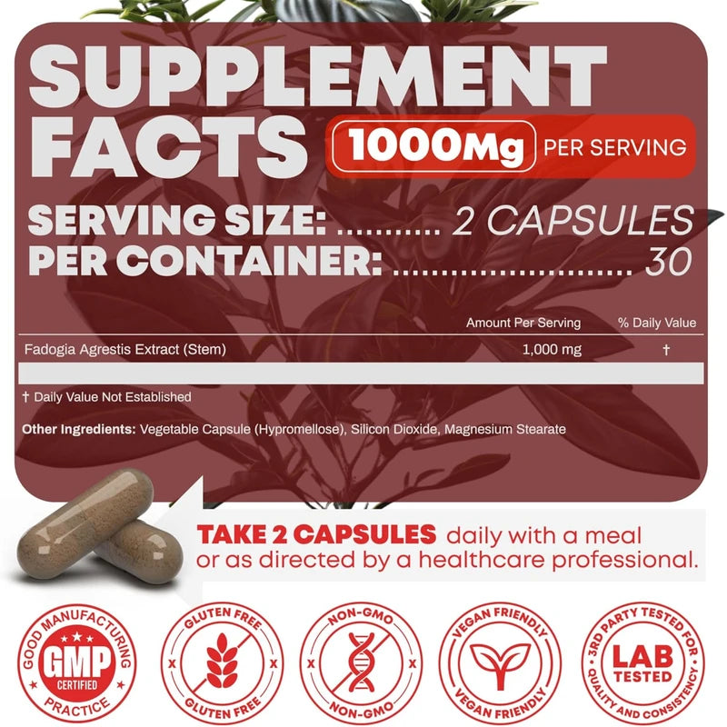 Fadogia Agrestis 1000mg Per Serving Supplement - Potent Extract to Increase Energy, Athletic Performance & Muscle Mass - Supplements, Made in The USA (60 Capsules)