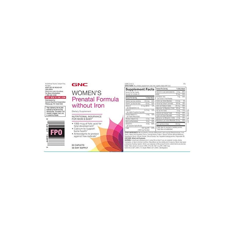 GNC Women's Prenatal Multivitamin Formula Without Iron | Support Pregnancy and Healthy Baby Development | Essential Nutrients Folic Acid, Zinc, Calcium Plus B Vitamins | 60 Caplets
