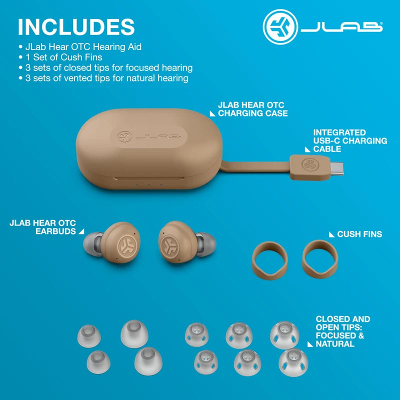 JLab Hear OTC Hearing Aid & Earbuds, Beige, Traditional Earbud Fit, Four Preset Hearing Modes, In-Ear Detection and Built-in Feedback Suppression, Independent Volume Control and Touch Controls