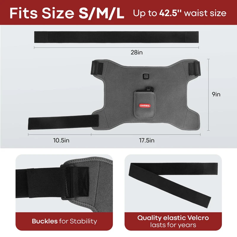 Comfheat Cordless Hip Heating Pad for Hip/Sciatica Pain Relief - 5000mAh Power Bank Included, Heated Hip Wrap for Women, Men, Electric Portable Hip Heat Pad Gray (S/M/L)