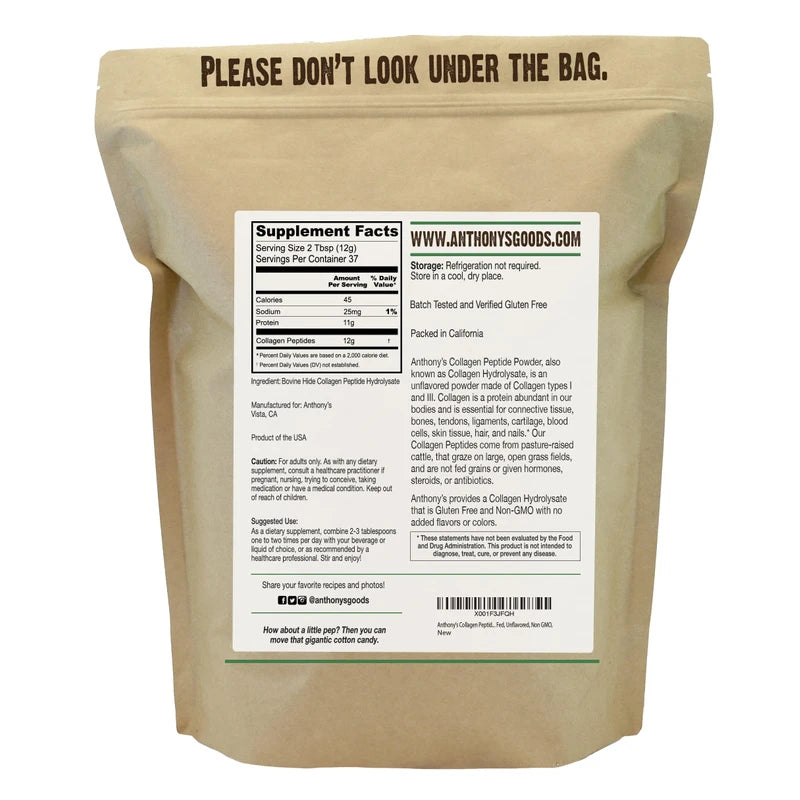 Anthony's Anthony's Collagen Peptide Powder, 1 lb, Pure Hydrolyzed, Gluten Free, Keto and Paleo Friendly, Grass Fed, Unflavored, Non GMO