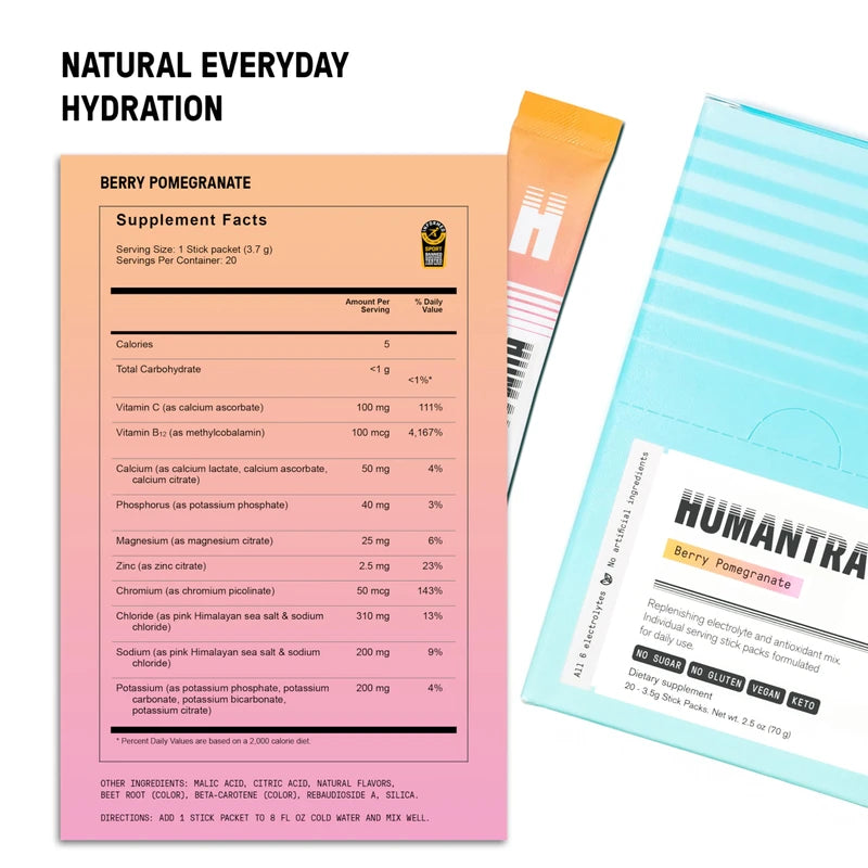 Humantra Hydration Packets | Zero Calorie, Zero Sugar Electrolyte Hydration Multiplier w/Essential Minerals, Boost Immune & Metabolic Functions | Electrolytes Powder (20 Count, Berry Pomegranate)