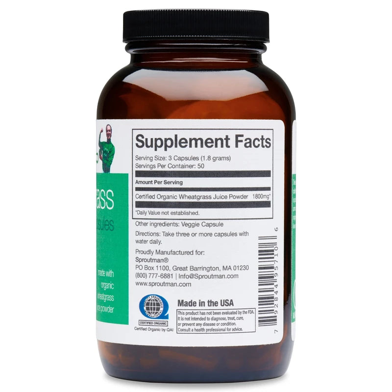 Organic Wheatgrass Juice Powder Capsules by Sproutman - 100% Pure Wheatgrass- Boosts Metabolism, Aids Digestion - High in Vitamins, Antioxidants, Chlorophyll, Enzymes, Minerals & Energy (150 Pills)