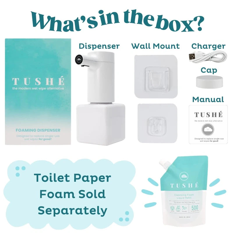 TUSHÉ Toilet Paper Foam Dispenser. Eco-Friendly Flushable Instant Wet Wipe Alternative. Touchless, Rechargeable, Waterproof. Plumbing & Septic Safe. 250ml (8.45 oz)