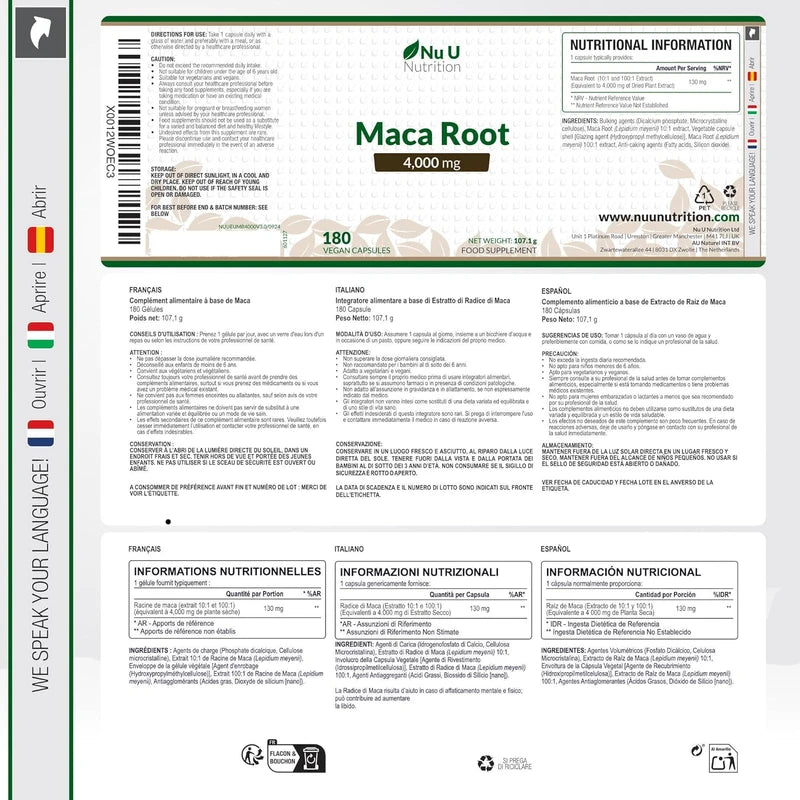 Maca Root Capsules 4000mg – 180 Vegan Capsules – 6-Month Supply – High-Strength Peruvian Maca for Men & Women – Made in the UK by Nu U Nutrition