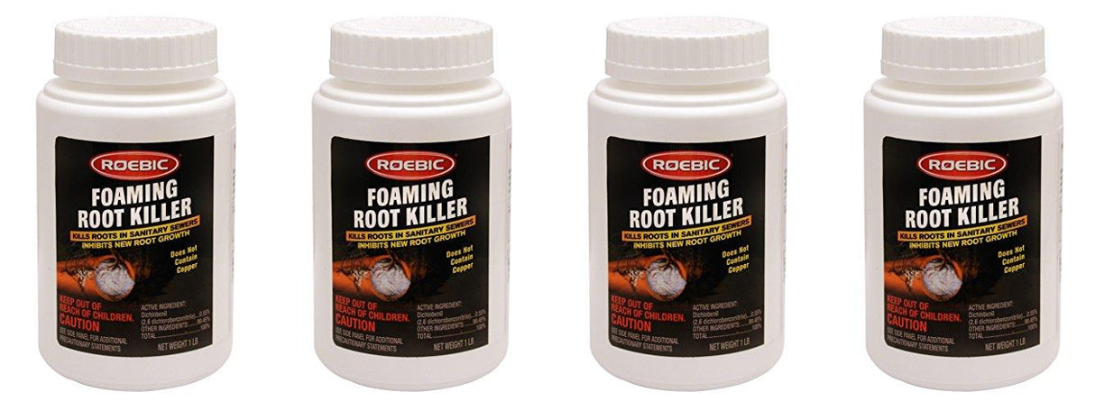 4 Pack Roebic FRK-1LB Foaming Root Killer: Clear Pipes, Stop New Growth, Safe for All Plumbing - 1lb, White, Granules