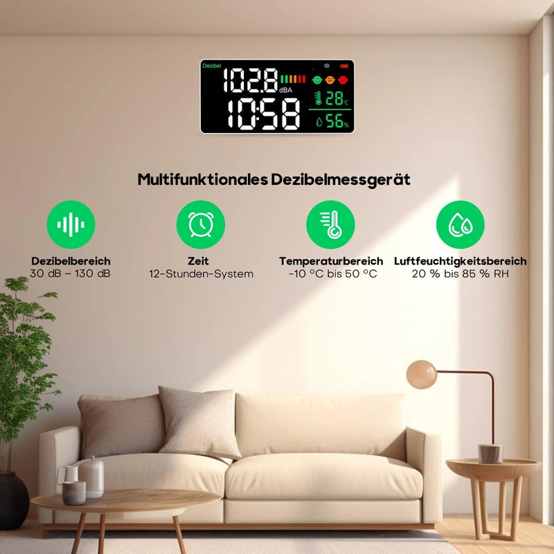 5-in-1 Decibel Meter Wall Mounted DB Meter Sound Level Meter 30-130dB 11 Inch Large LED Display Noise, Time, Temperature & Humidity Meter for Home (Db Meter 2000 mAh)