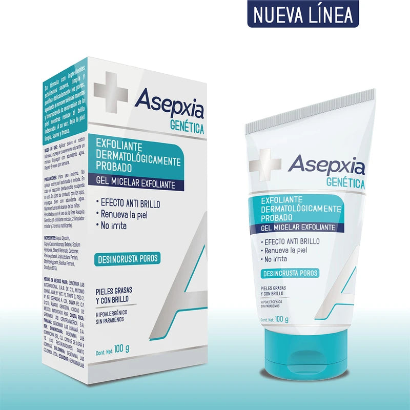 Asepxia GENÉTICA, Gel EXFOLIANTE MICELAR, dermatológicamente probado, para pieles con gen graso, limpia suavemente desincrustando los poros y removiendo células muertas, renueva la piel, con EFECTO ANTIBRILLO, tubo 100 g