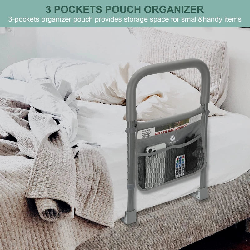 Bed Rails for Elderly Adults Assist Safety for Seniors Hand Bar Grab with Storage Pocket Patent Stabilizer with Fixing Strap, Support Up to 300lbs Grey