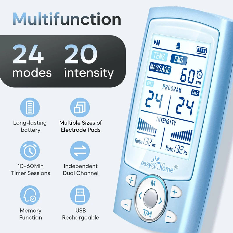 Easy@Home Tens Machine EMS: TENS Machine for Pain Relief Muscle Stimulator for Back Pain EMS | EMS Foot Massager | Back Massage Machine for Pain | Dual Channel 24 Modes 12 Pads Replacements