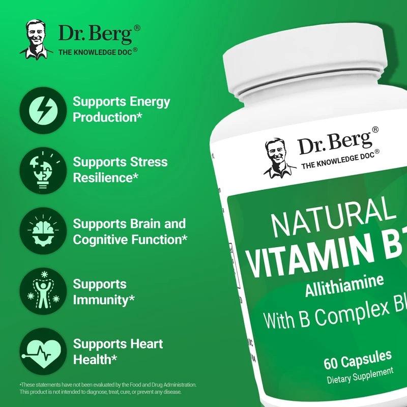 Dr. Berg Nutritionals Dr. Berg Natural Vitamin B1 B6 B12 Complex - Allithiamine Vitamin B1 Supplement with 8 Essential Vitamin B Complex for Men & Women Including Thiamin, Niacin, Folate, Magnesium & More - 60 Capsules