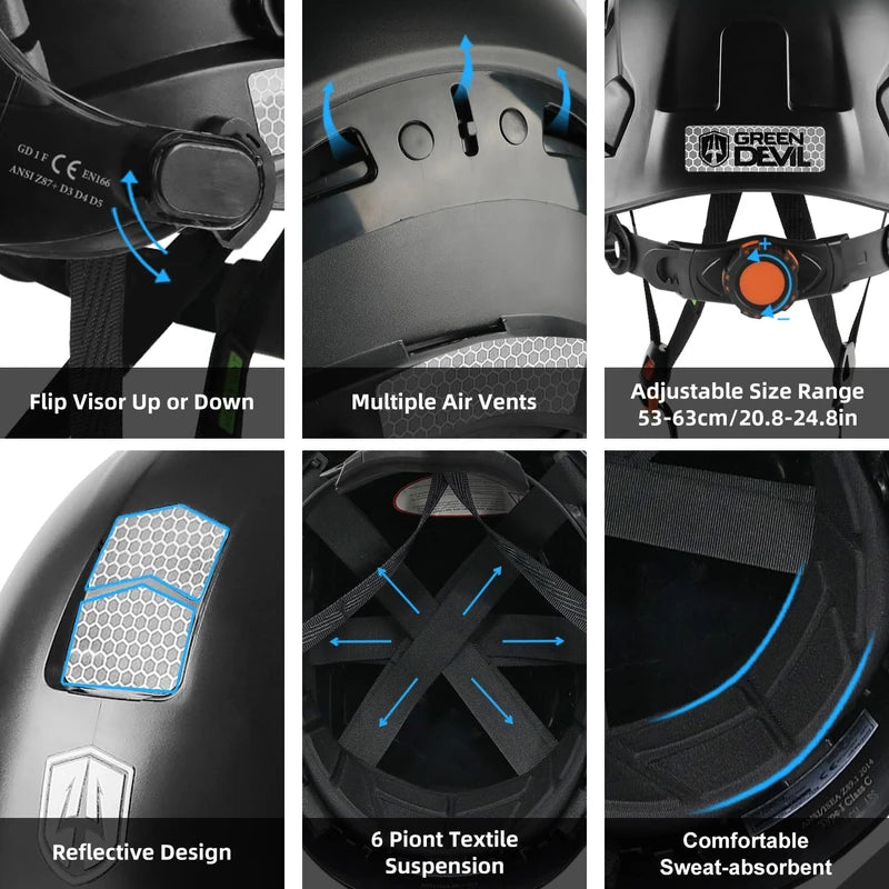 GREEN DEVIL Hard Hat Safety Helmet with Visor Bluetooth Ear Muffs and Headlamp 5 in 1 Full Protection Vented Work Hardhat ANSI Z89.1 Cascos De Construccion for Industrial Construction Forestry