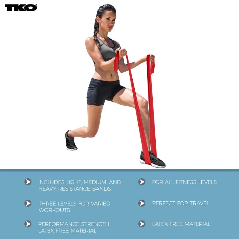 TKO Resistance Bands Set 3-Pack - 3 Latex-Free Rubber Flat Exercise Bands in Light, Medium, and Heavy Resistance Levels for Physical Therapy, Stretching, Strength Training (3-Pack, Black/Red/Gray)