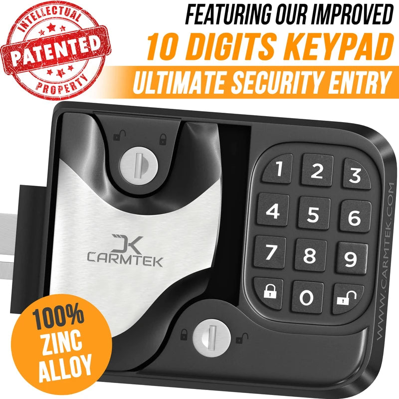 CARMTEK - 10 Digits RV Keyless Entry Door Lock | 100% Metal RV Door Lock Keyless Entry | Keyless RV Door Locks w/ 2 Inside Latches | RV Keyless Locks w/ 2 Fobs | Only Fit 3.75" x 2.75" Lock Hole