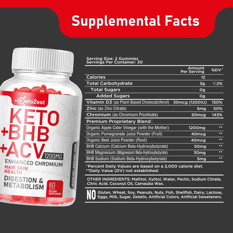 KetoZest Organic Keto ACV BHB Gummies - Apple Cider Vinegar with The Mother Supplement - Vitamin D3 Zinc Beetroot Pomegranate Chromium Beta Hydroxybutyrate - Vegan Sugar Gluten Free for Men Women