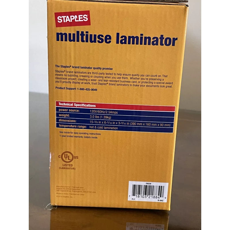 Staples NEW Staples 26530 Multiuse Laminator Thermal & Cold, 9.5" Width, White