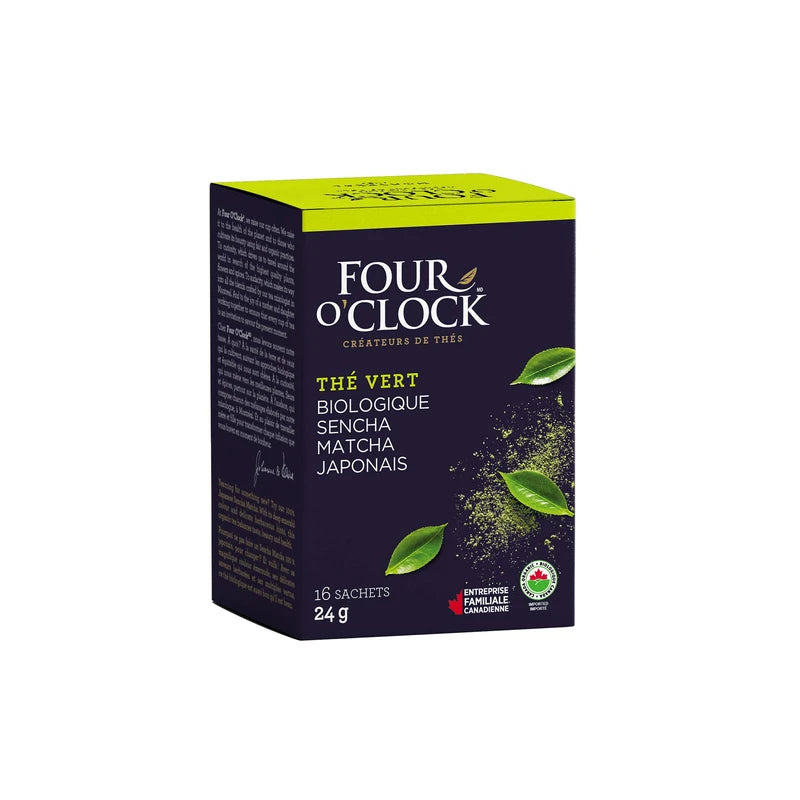 Four O'Clock Organic Green Tea Japanese Sencha Matcha, Non-Gmo, Kosher, Gluten-Free, 16 Count, 24g