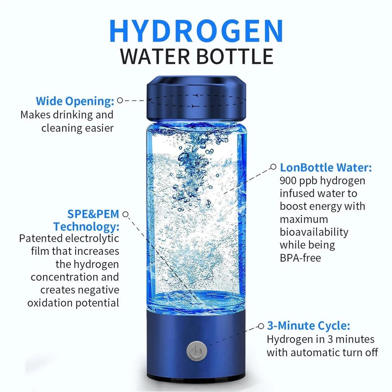 Hydrogen Water Bottle, Portable Hydrogen Water Ionizer Machine, Hydrogen Water Generator, Rechargeable Hydrogen Rich Water Glass Health Cup for Home Travel (Blue)