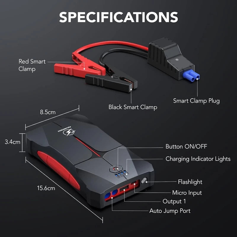 FLYLINKTECH Jump Starter Power Bank, 2500 A Peak Current Portable Car Jump Starter 12 V for 6.0 L Petrol and 5.0 L Diesel Engine, IP66 Waterproof Starter Power Bank with LED Torch