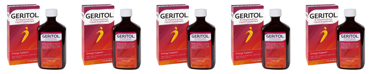 5 Pack Geritol, Liquid Vitamin and Iron Supplement, Energy Support, Contains High Potency B-Vitamins and Iron, Pleasant Tasting, Easy to Swallow, No Artificial Sweeteners, Non-GMO, 12 Oz