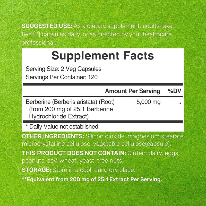 Berberine Max Supplement, 5,000mg Per Serving, 240 Veggie Capsules – 97% Pure Berberine HCL – 25:1 Root Extract – Vegetarian Friendly, Non-GMO