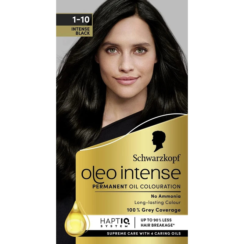Schwarzkopf Oleo Intense Permanent Oil Colour 1-10 Intense Black Hair Dye, 100% Grey Coverage, Conditioner with HaptIQ System, Long-Lasting, Ammonia Free